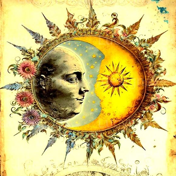 Sun Moon Celestial Floral Vintage Art Print Moon Sun Star - Picture 2 of 4